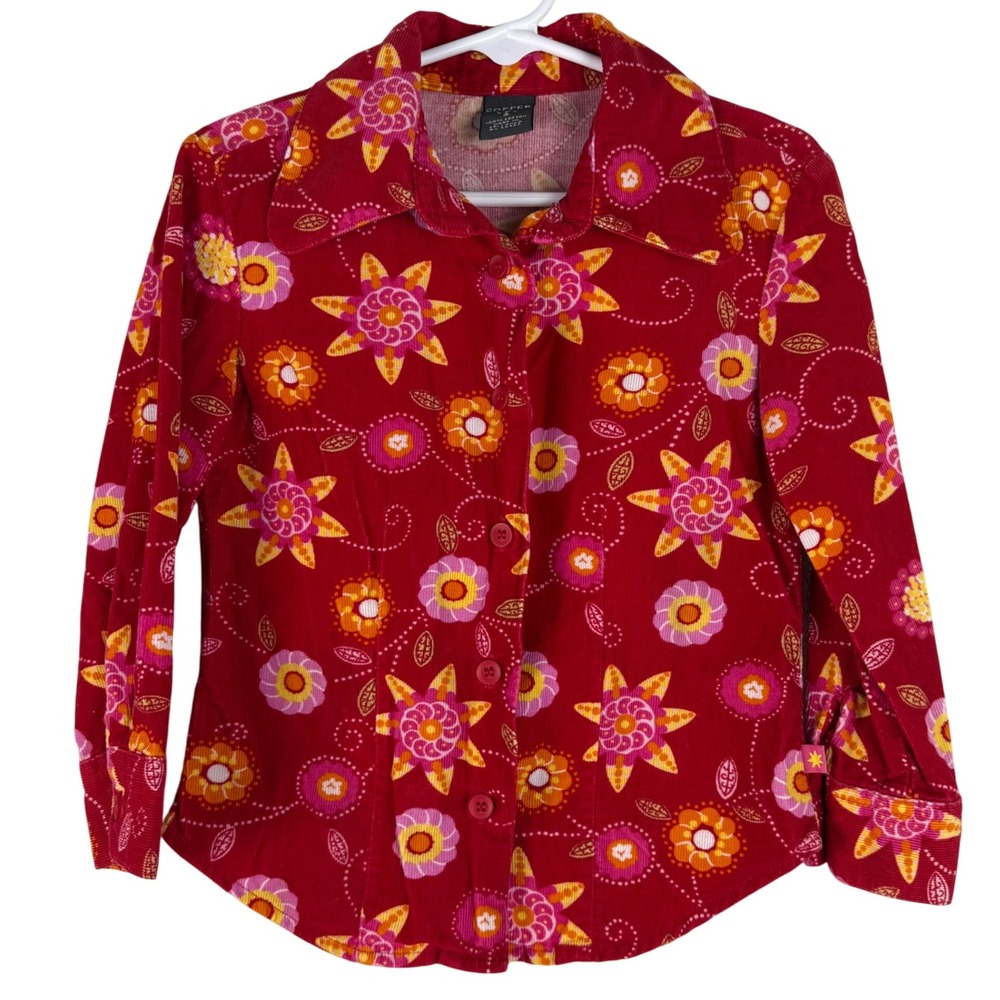 Copper Key‎ Girls Size 3 Red Corduroy Floral Long Sleeve Button Down Shirt